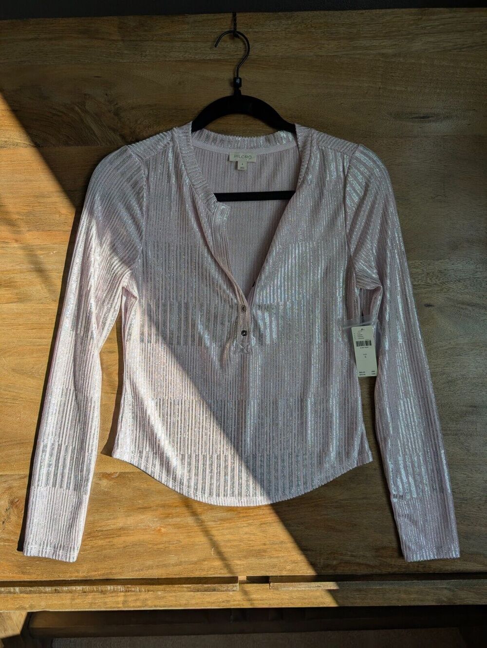 Pilcro Sweater Womens S Pink Silver Metallic Long Sleeve Crew Neck Button Front